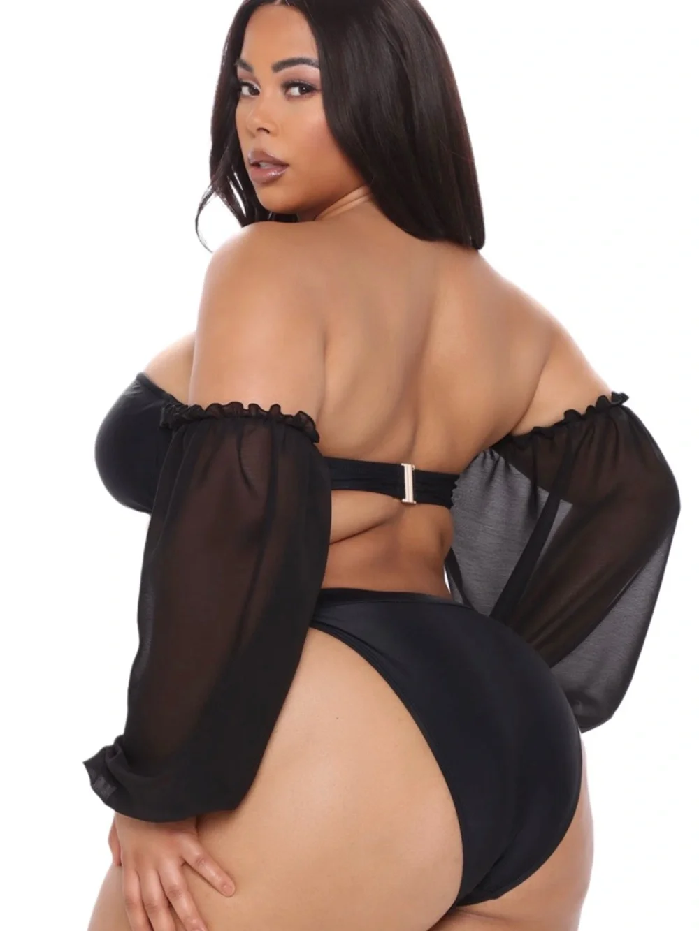 Fashion Nova Black Two-Piece Ring Front Bikini with Sheer Puff Sleeves - Picture 2 of 2